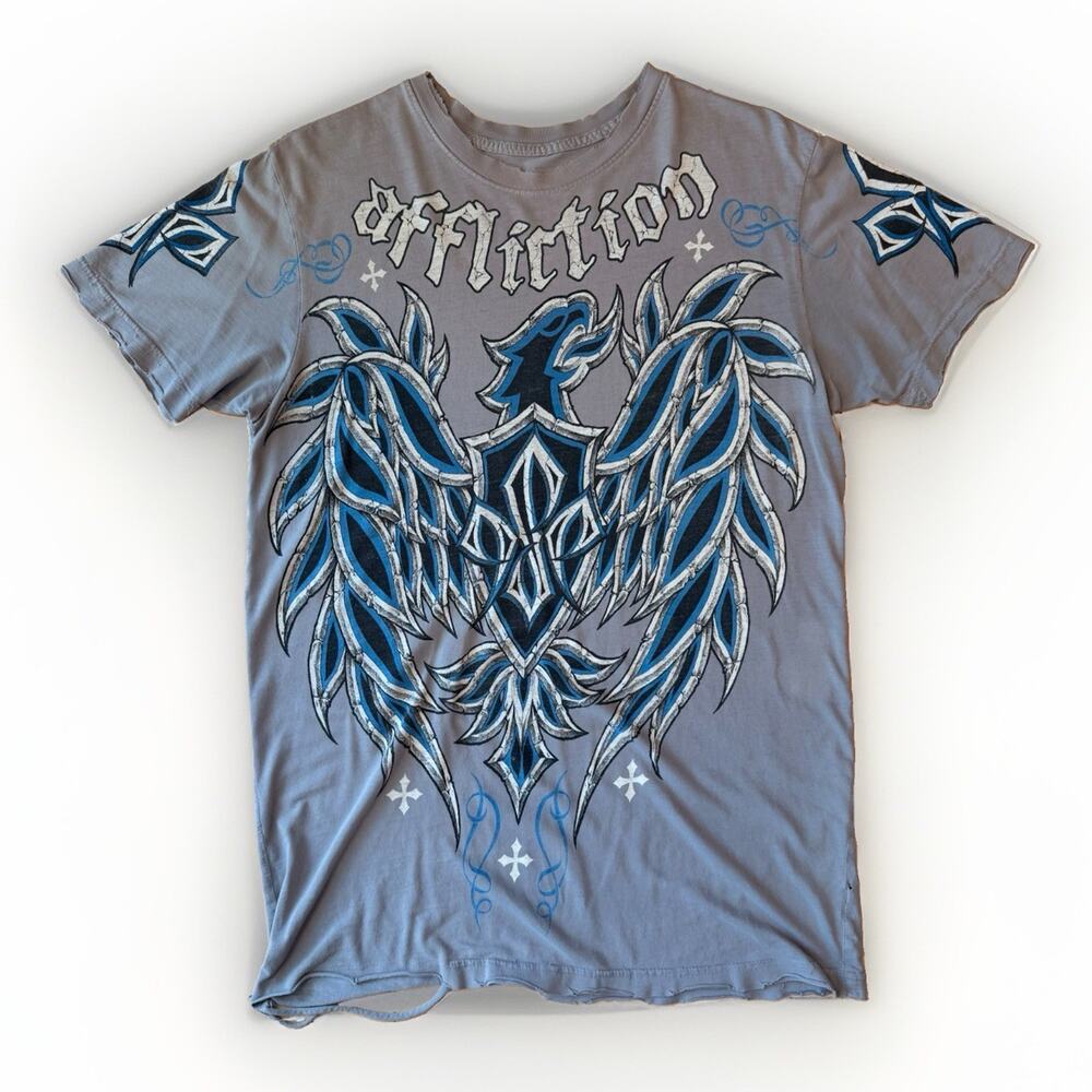 Affliction Eagle Shirt Medium Gray Georges St Pierre Short Sleeve Streetwear